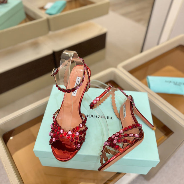 AQUAZZURA 26S STRAPPY HIGH HEELS 105 MM IN DARK RED PATENT LAMBSKIN
