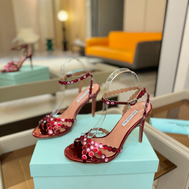 AQUAZZURA 26S STRAPPY HIGH HEELS 105 MM IN DARK RED PATENT LAMBSKIN