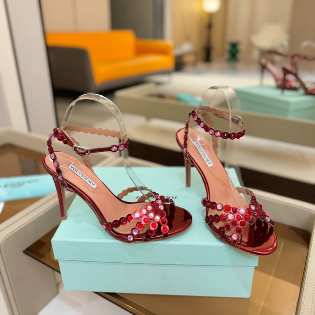 AQUAZZURA 26S STRAPPY HIGH HEELS 105 MM IN DARK RED PATENT LAMBSKIN