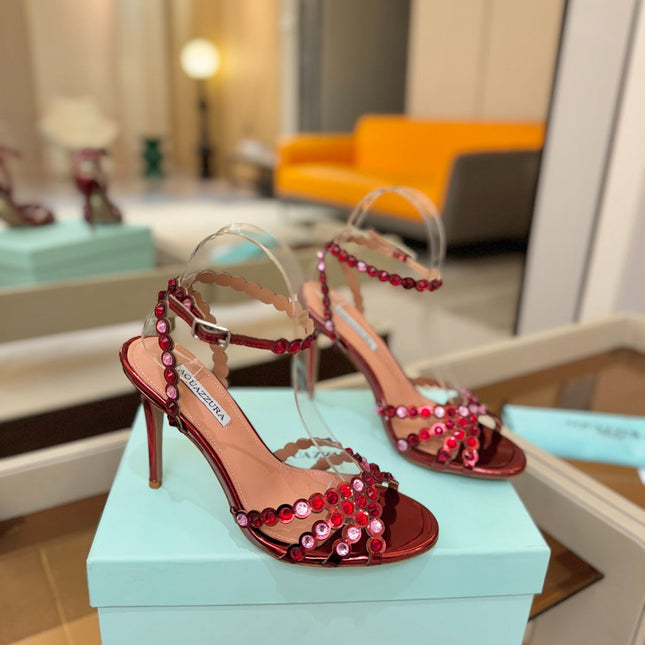 AQUAZZURA 26S STRAPPY HIGH HEELS 105 MM IN DARK RED PATENT LAMBSKIN