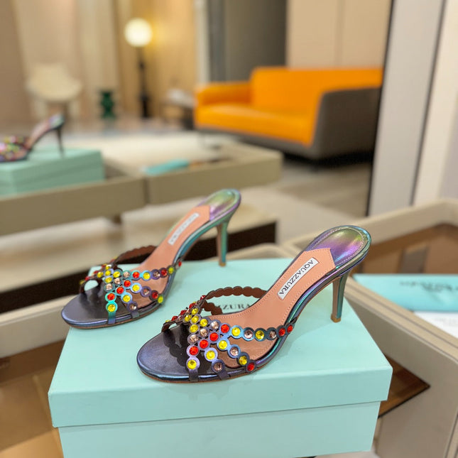 AQUAZZURA 26S TEQUILA HEELED SANDALS 85 MM IN METALLIC LAMBSKIN