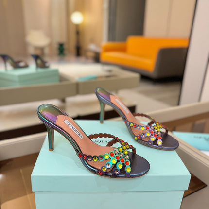 AQUAZZURA 26S TEQUILA HEELED SANDALS 85 MM IN METALLIC LAMBSKIN
