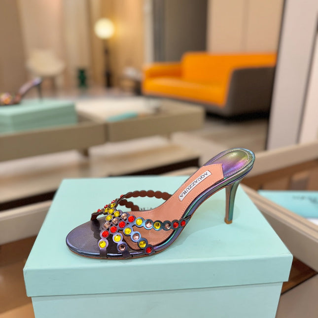 AQUAZZURA 26S TEQUILA HEELED SANDALS 85 MM IN METALLIC LAMBSKIN