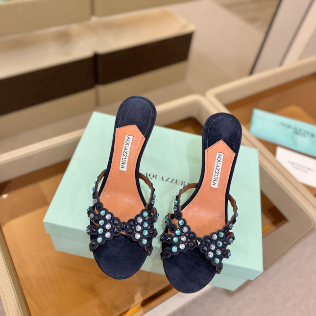 AQUAZZURA 26S TEQUILA HEELED SANDALS 85 MM IN NAYVY BLUE  SUEDE