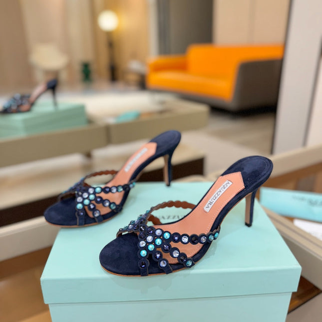 AQUAZZURA 26S TEQUILA HEELED SANDALS 85 MM IN NAYVY BLUE  SUEDE