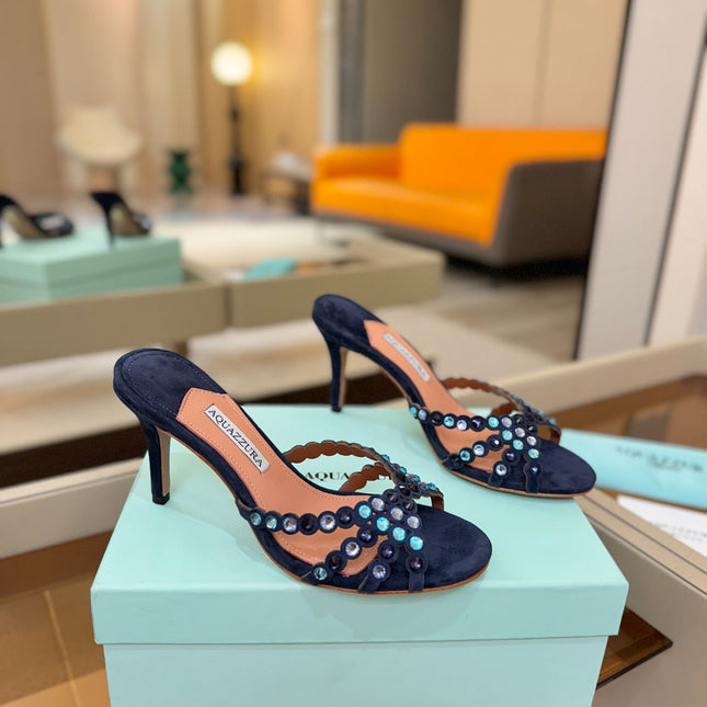 AQUAZZURA 26S TEQUILA HEELED SANDALS 85 MM IN NAYVY BLUE  SUEDE