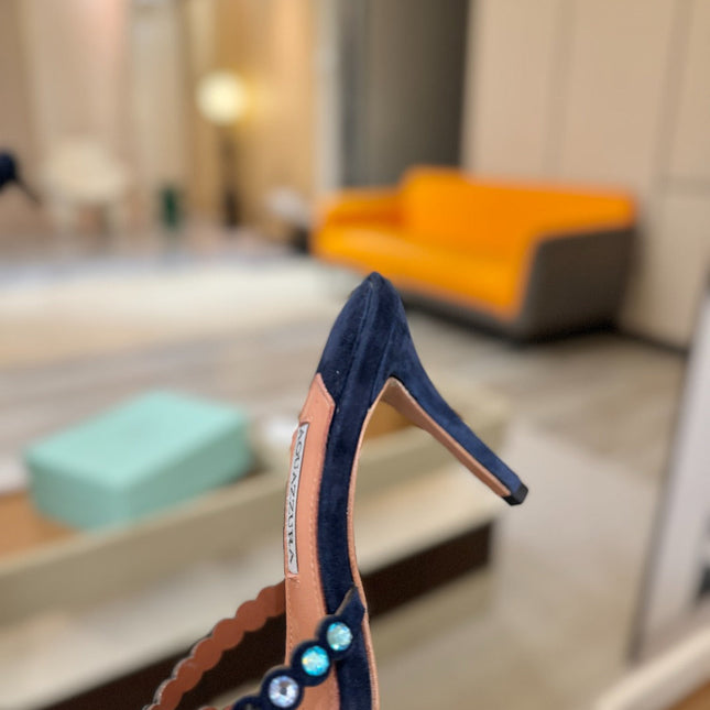 AQUAZZURA 26S TEQUILA HEELED SANDALS 85 MM IN NAYVY BLUE  SUEDE