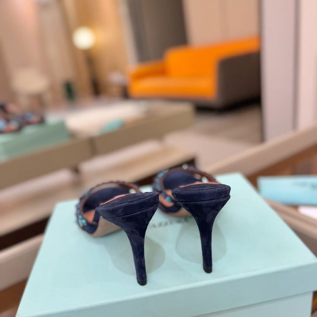 AQUAZZURA 26S TEQUILA HEELED SANDALS 85 MM IN NAYVY BLUE  SUEDE