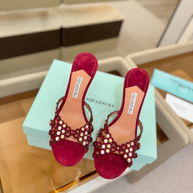 AQUAZZURA 26S TEQUILA HEELED SANDALS 85 MM IN DARK RED SUEDE