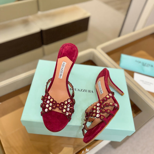 AQUAZZURA 26S TEQUILA HEELED SANDALS 85 MM IN DARK RED SUEDE