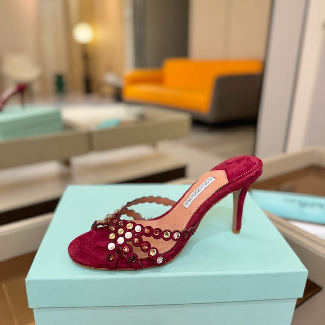 AQUAZZURA 26S TEQUILA HEELED SANDALS 85 MM IN DARK RED SUEDE