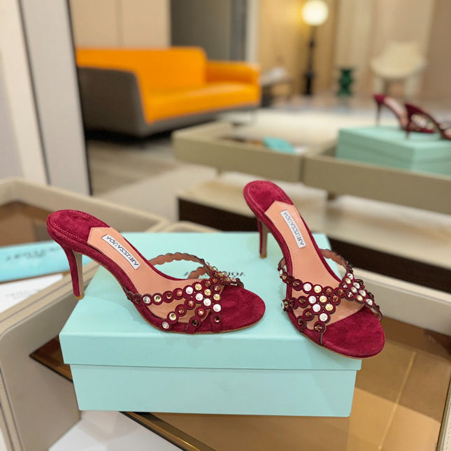 AQUAZZURA 26S TEQUILA HEELED SANDALS 85 MM IN DARK RED SUEDE