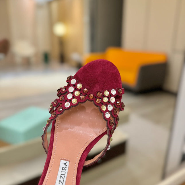 AQUAZZURA 26S TEQUILA HEELED SANDALS 85 MM IN DARK RED SUEDE