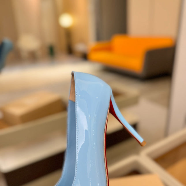 CHRISTIAN LOUBOUTIN 26S POINTED-TOE PUMPS 105 MM IN SKY BLUE PATENT CALFSKIN