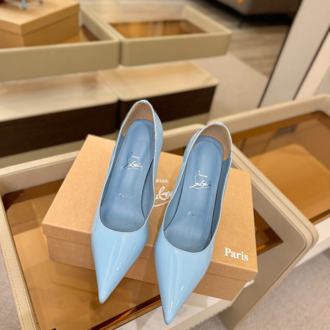 CHRISTIAN LOUBOUTIN 26S POINTED-TOE PUMPS 105 MM IN SKY BLUE PATENT CALFSKIN