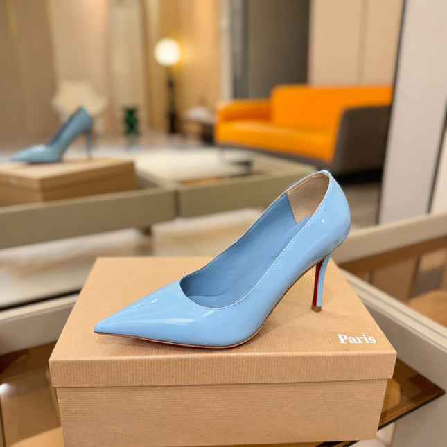 CHRISTIAN LOUBOUTIN 26S POINTED-TOE PUMPS 105 MM IN SKY BLUE PATENT CALFSKIN