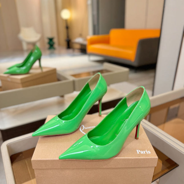 CHRISTIAN LOUBOUTIN 26S POINTED-TOE PUMPS 105 MM IN GREEN PATENT CALFSKIN