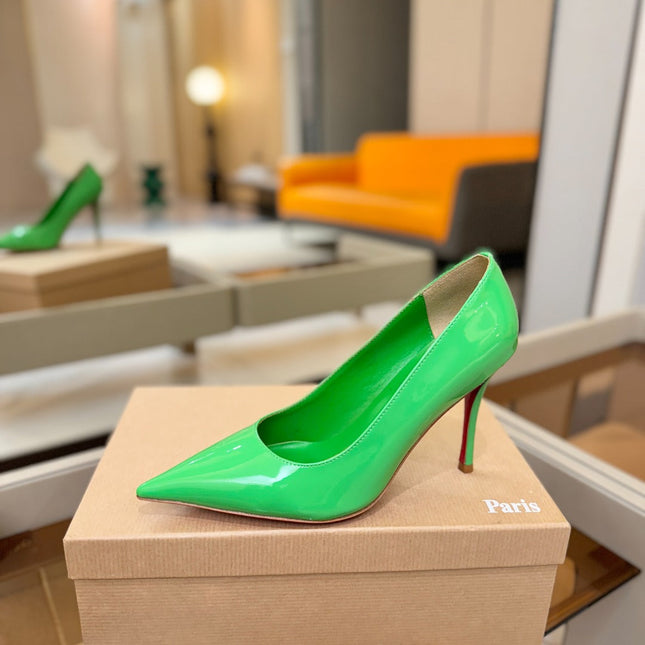 CHRISTIAN LOUBOUTIN 26S POINTED-TOE PUMPS 105 MM IN GREEN PATENT CALFSKIN