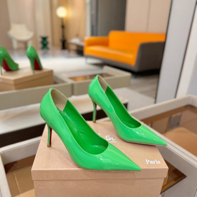 CHRISTIAN LOUBOUTIN 26S POINTED-TOE PUMPS 105 MM IN GREEN PATENT CALFSKIN