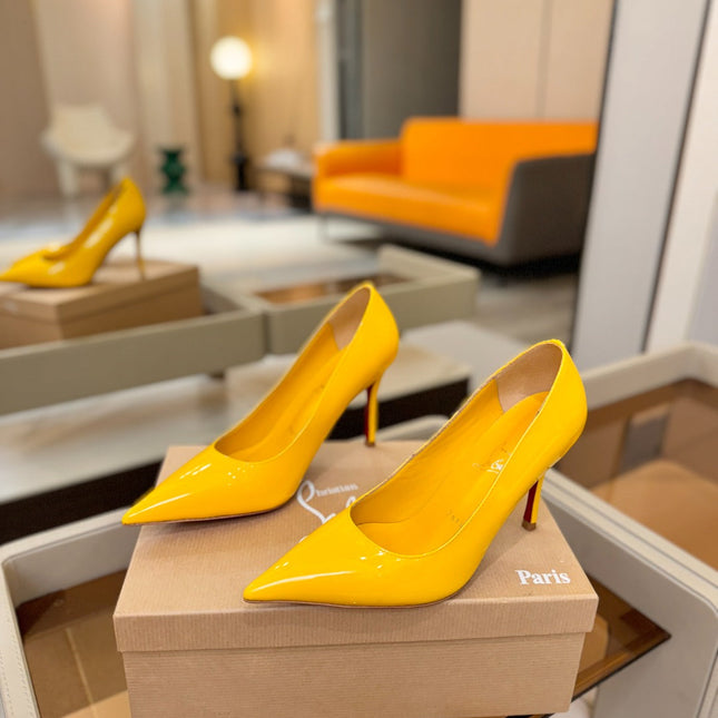 CHRISTIAN LOUBOUTIN 26S POINTED-TOE PUMPS 105 MM IN DARK YELLOW PATENT CALFSKIN