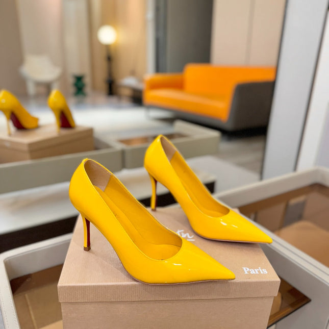 CHRISTIAN LOUBOUTIN 26S POINTED-TOE PUMPS 105 MM IN DARK YELLOW PATENT CALFSKIN