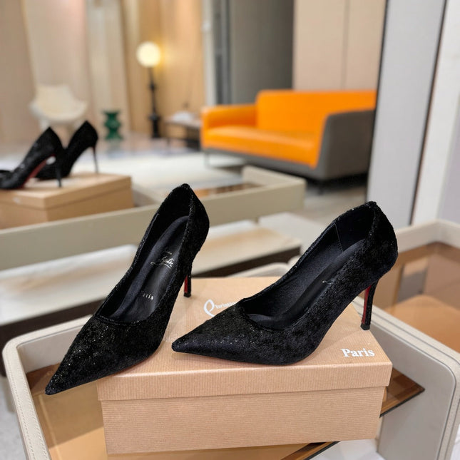 CHRISTIAN LOUBOUTIN 26S HIGH HEELS 105 MM IN BLACK VELVET GLITTER