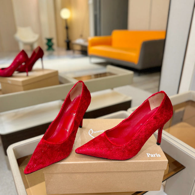CHRISTIAN LOUBOUTIN 26S HIGH HEELS 105 MM IN RED VELVET GLITTER