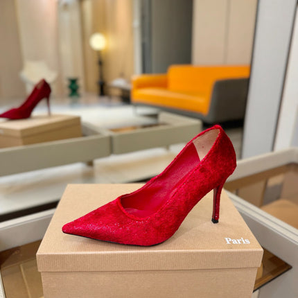 CHRISTIAN LOUBOUTIN 26S HIGH HEELS 105 MM IN RED VELVET GLITTER