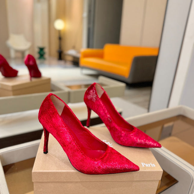 CHRISTIAN LOUBOUTIN 26S HIGH HEELS 105 MM IN RED VELVET GLITTER