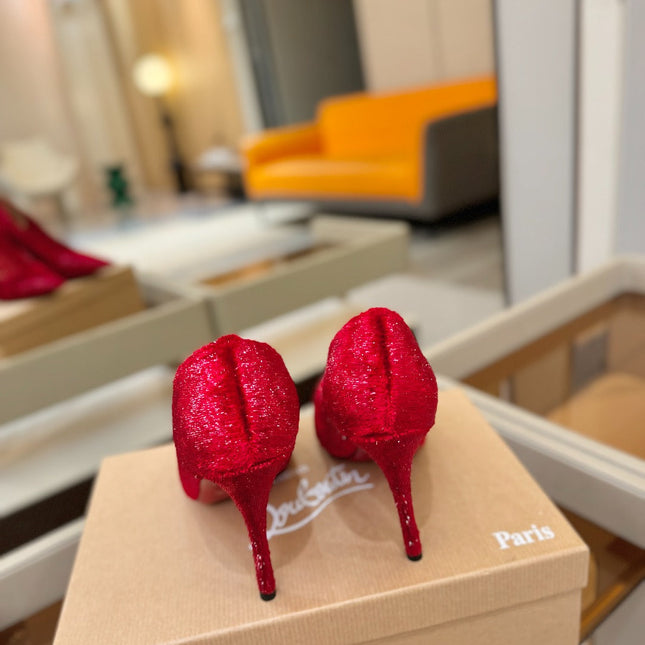 CHRISTIAN LOUBOUTIN 26S HIGH HEELS 105 MM IN RED VELVET GLITTER