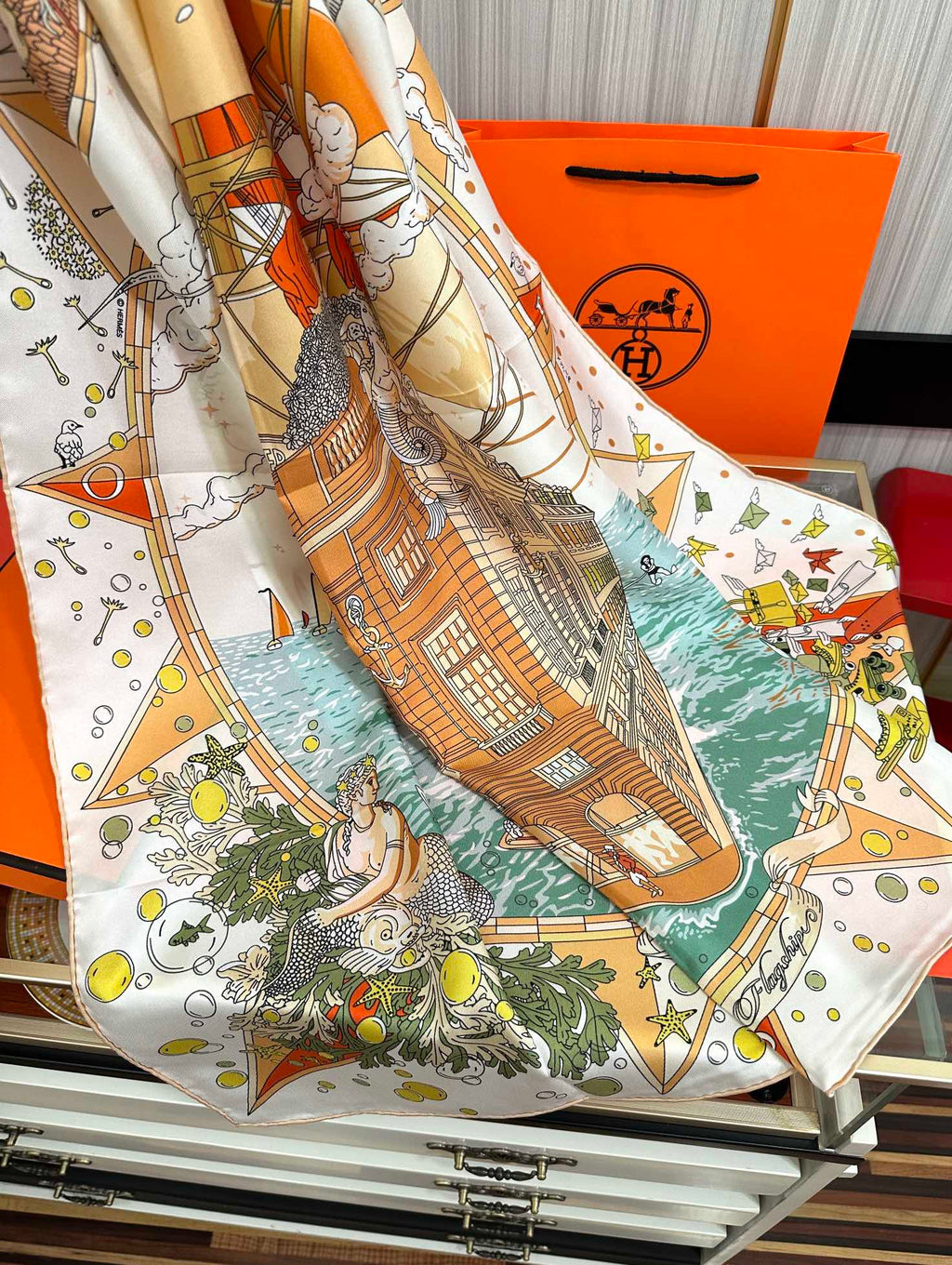 HERMES 26S PRINTED SQUARE SCARF 90 IN SILK 312025
