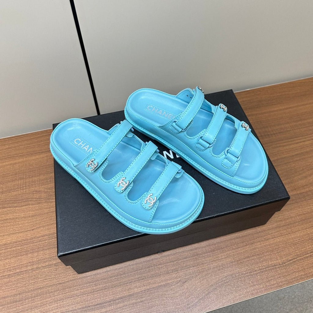 dad sandals cloud blue 3 rows lambskin mules