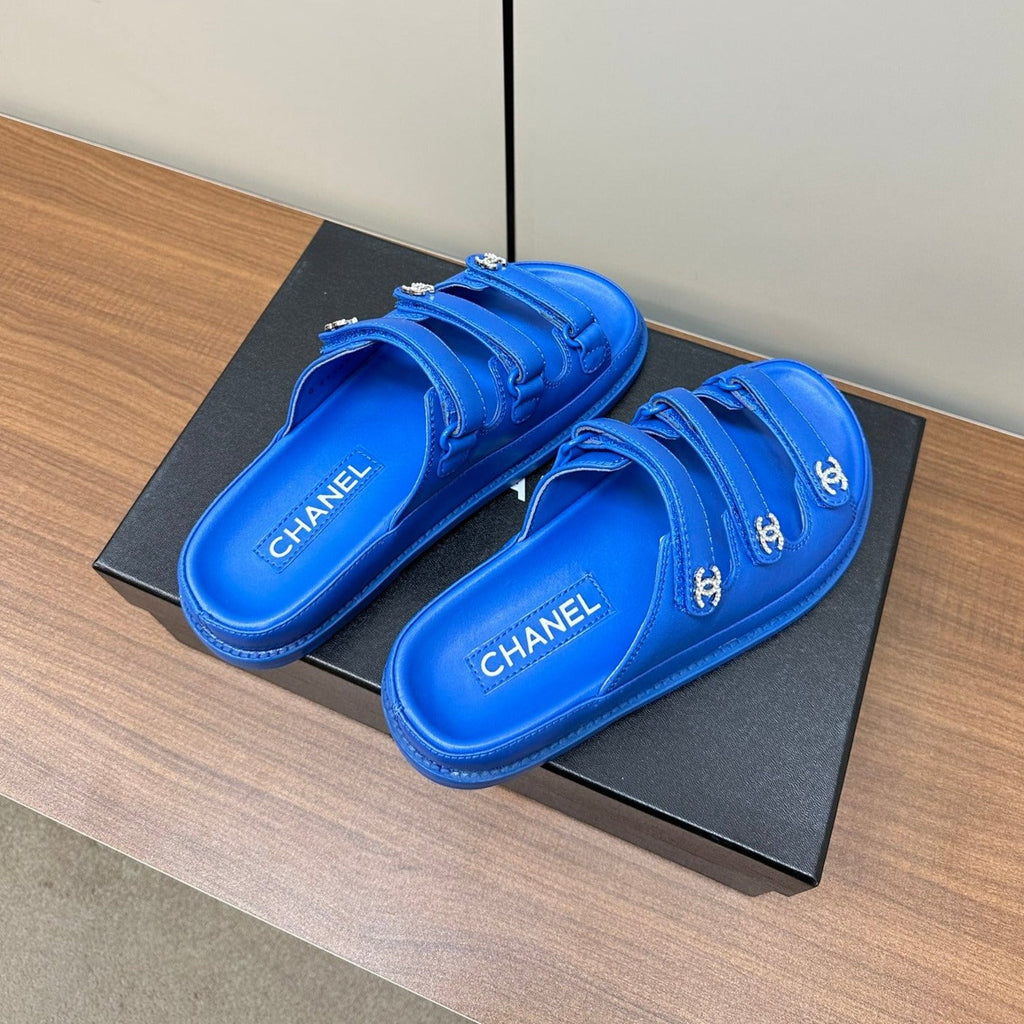 dad sandals blue 3 rows lambskin mules