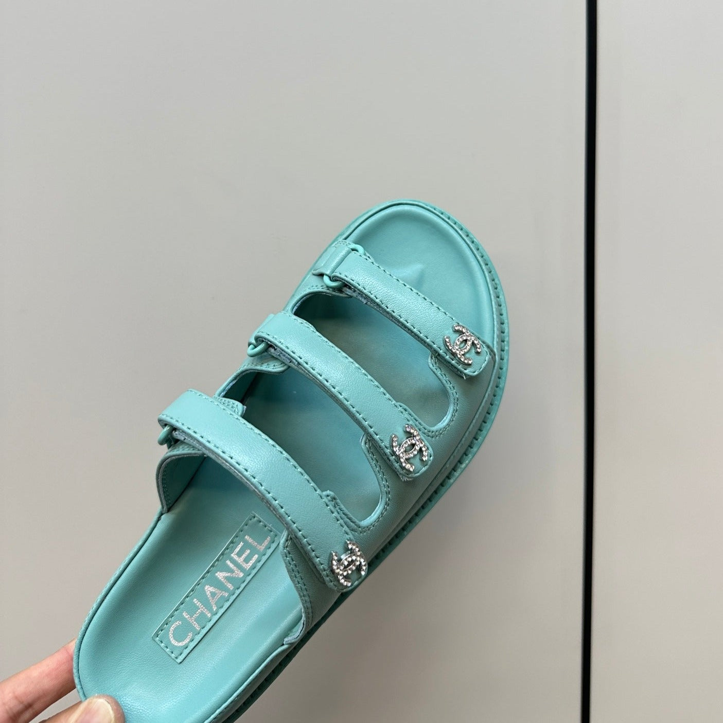 dad sandals skye blue 3 rows lambskin mules