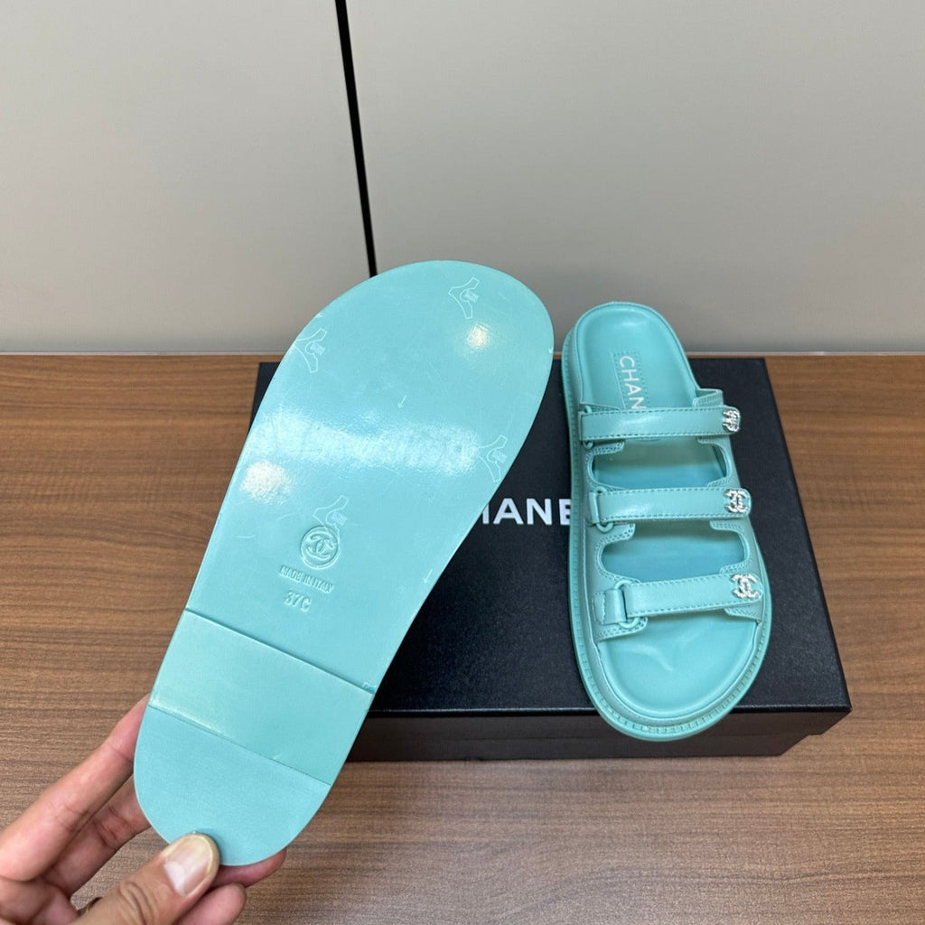 dad sandals skye blue 3 rows lambskin mules
