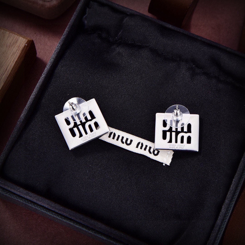 MIUMIU 26S SQUARE LOGO STUD EARRINGS IN SILVER TONE METAL 628995