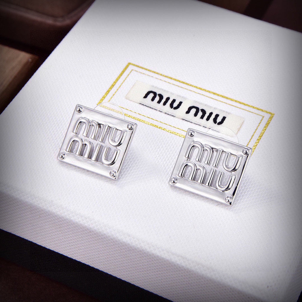 MIUMIU 26S SQUARE LOGO STUD EARRINGS IN SILVER TONE METAL 628995