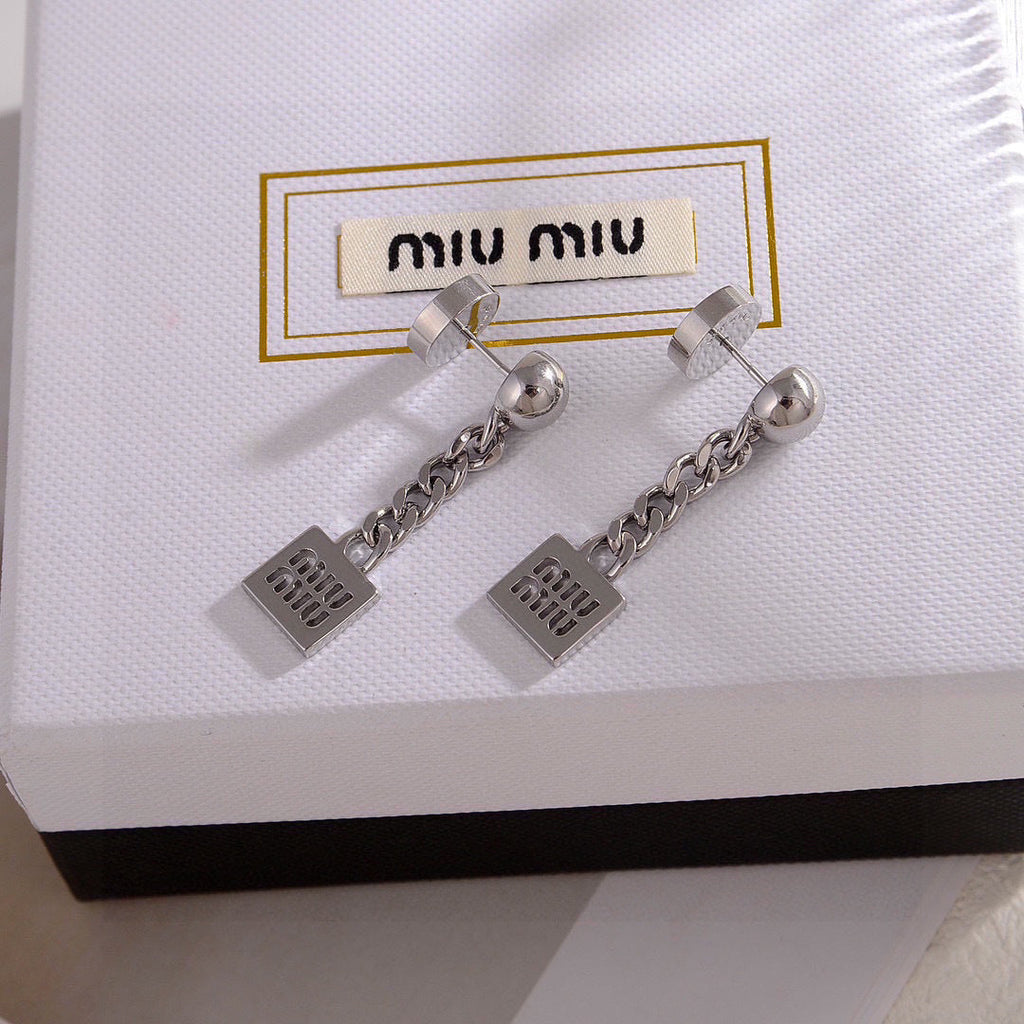 MIUMIU 26S CHAIN DROP LOGO EARRINGS IN SILVER TONE METAL 628996