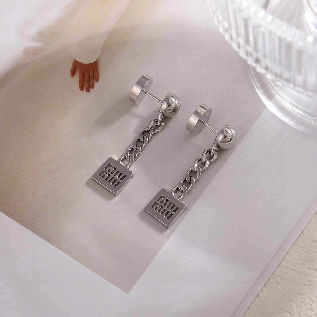 MIUMIU 26S CHAIN DROP LOGO EARRINGS IN SILVER TONE METAL 628996