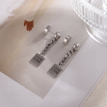 MIUMIU 26S CHAIN DROP LOGO EARRINGS IN SILVER TONE METAL 628996