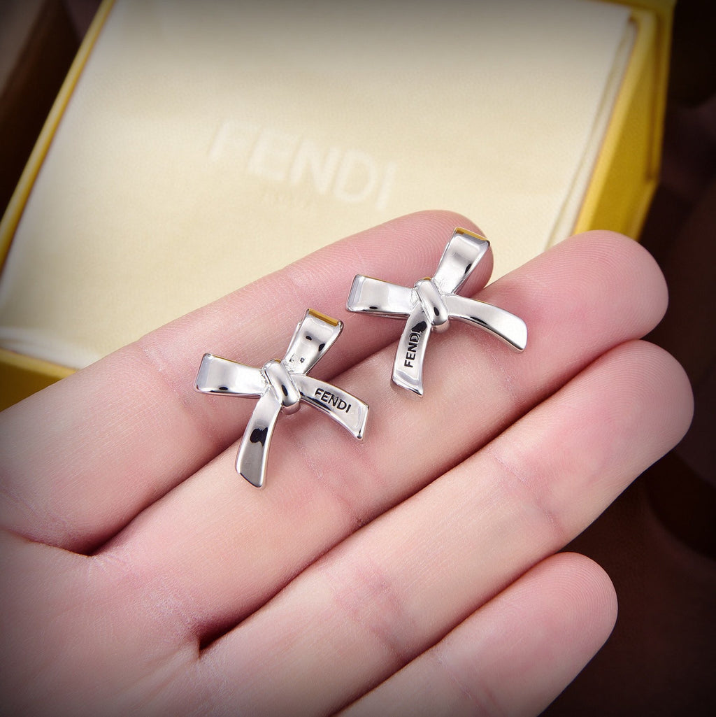 FENDI 26S RIBBON STUD EARRINGS IN SILVER TONE METAL 629091