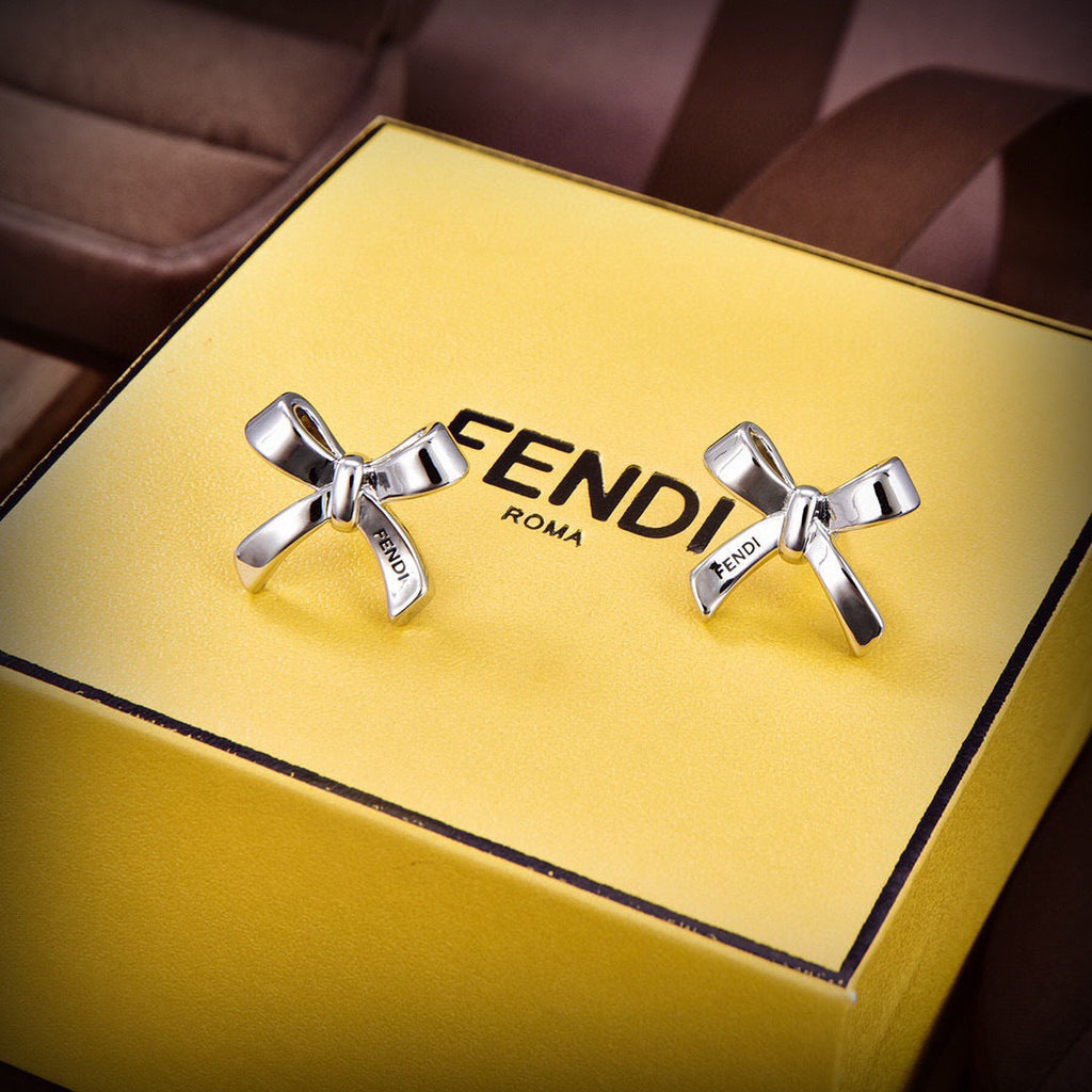 FENDI 26S RIBBON STUD EARRINGS IN SILVER TONE METAL 629091