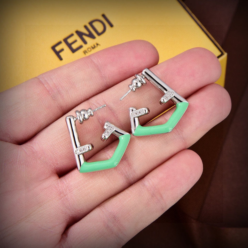 FENDI 26S FF GEOMETRIC ENAMEL EARRINGS IN SILVER TONE METAL 629855