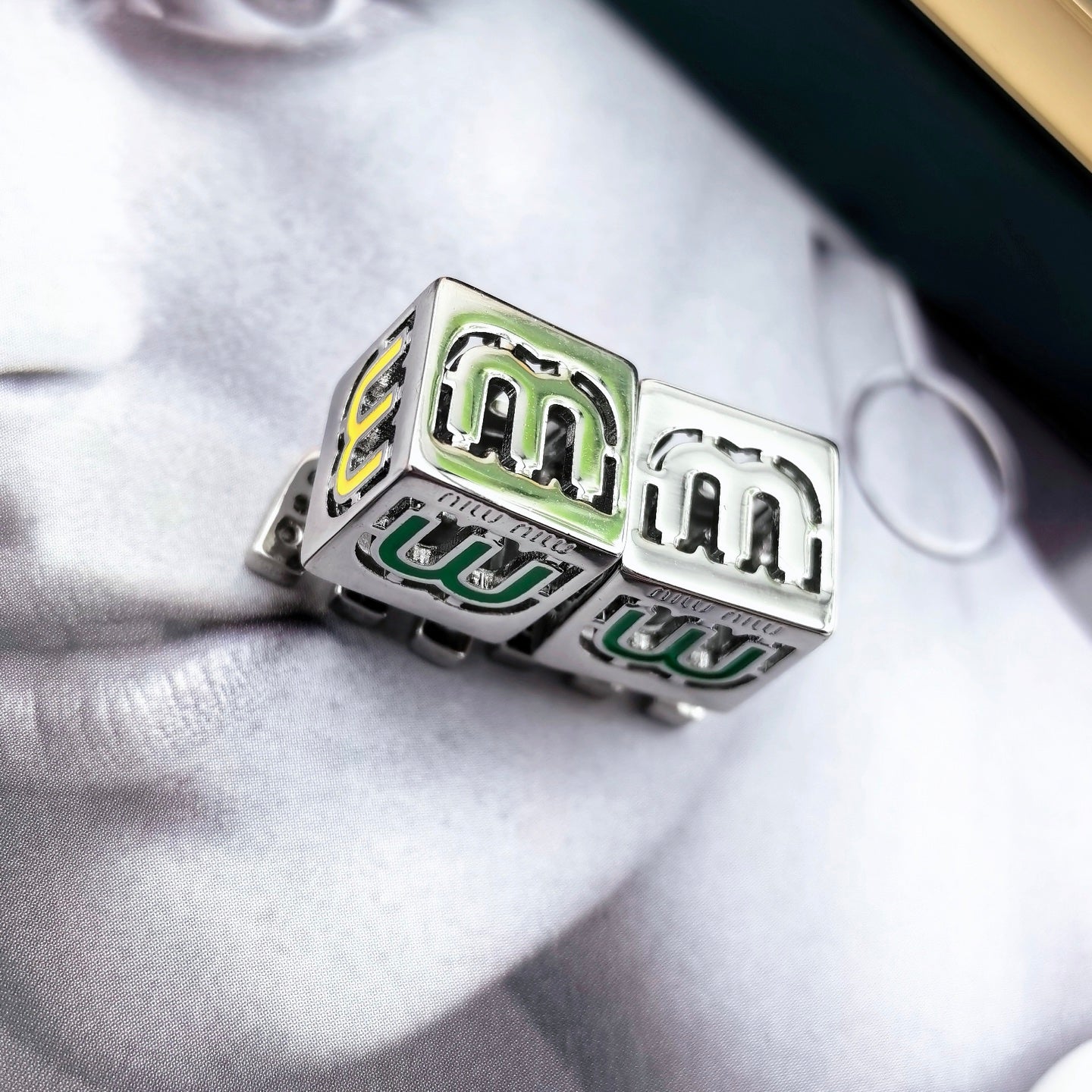 MIUMIU 26S CUBE LOGO CRYSTAL STUD EARRINGS IN MULTICOLOR ENAMEL AND SILVER TONE METAL 630875