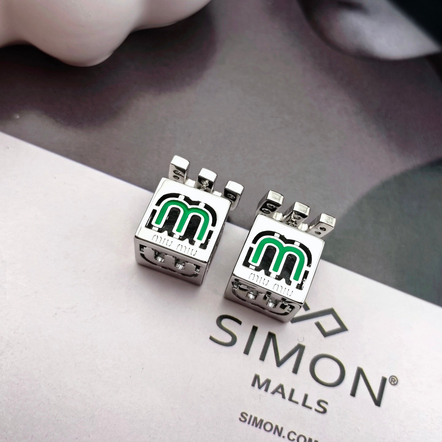 MIUMIU 26S CUBE LOGO CRYSTAL STUD EARRINGS IN MULTICOLOR ENAMEL AND SILVER TONE METAL 630875
