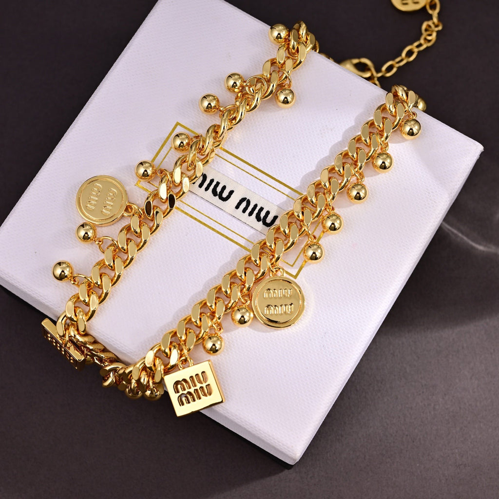 MIUMIU 26S CHARM DOUBLE CHAIN BRACELET WITH MINI BALL DETAILS IN GOLD TONE METAL 631784