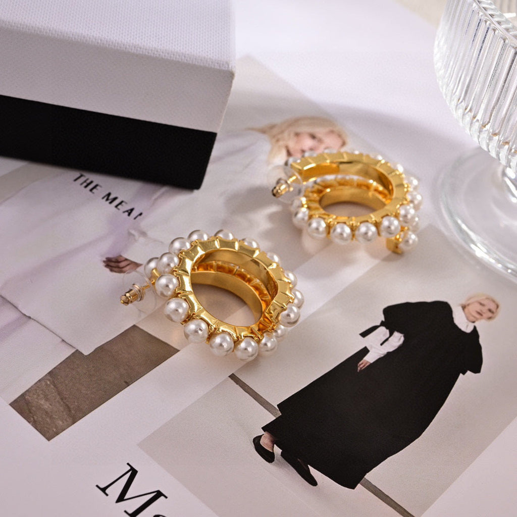 MIUMIU 26S PEARL EMBELLISHED HOOP EARRINGS IN GOLD TONE METAL 631796