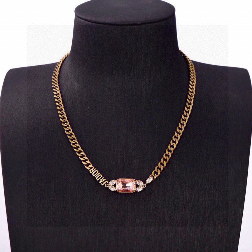 CD 26S DIOR LOGO PINK CRYSTAL CHAIN NECKLACE IN AGED GOLD METAL 633118