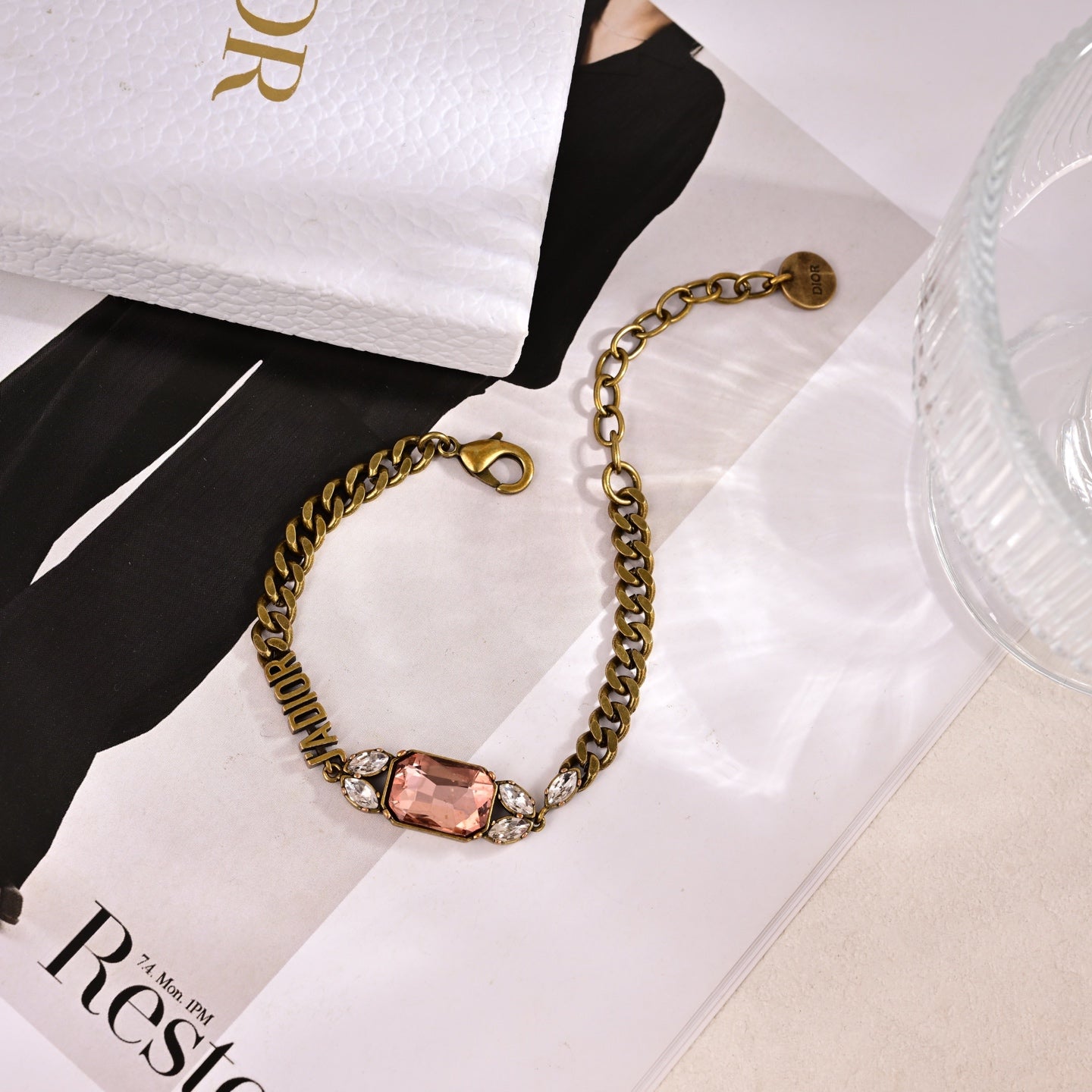 CD 26S DIOR LOGO PINK CRYSTAL CHAIN BRACELET IN AGED GOLD METAL 633120