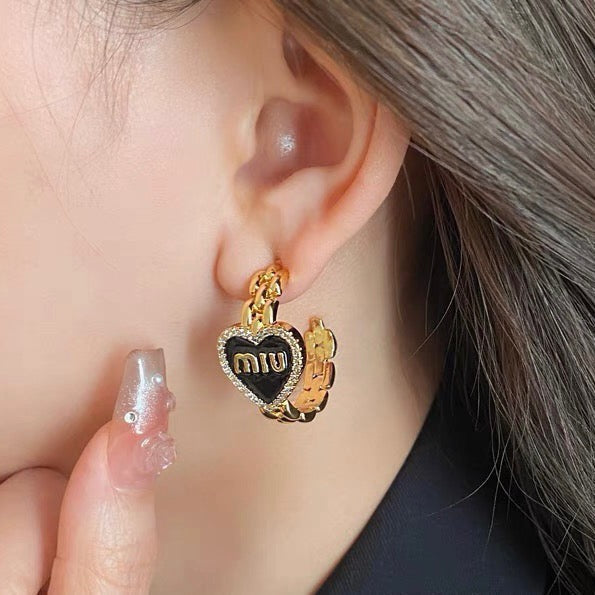 MIUMIU 26S MIU HEART LOGO HOOP EARRINGS WITH CRYSTALS IN GOLD TONE METAL 633205